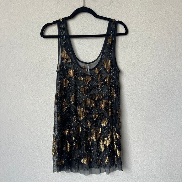 Free People Black Gold Sequin Beaded Sheer Tank Top Size XS - Picture 3 of 4